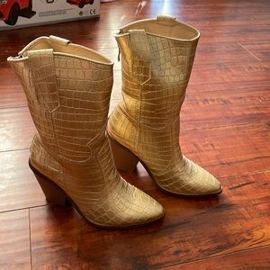 metallic gold croc heeled western boots